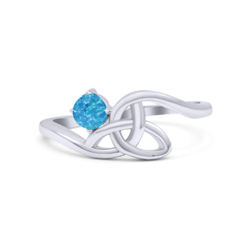 Celtic Petite Dainty Thumb Ring Round Statement Fashion Ring Lab Created Blue Opal 925 Sterling Silver